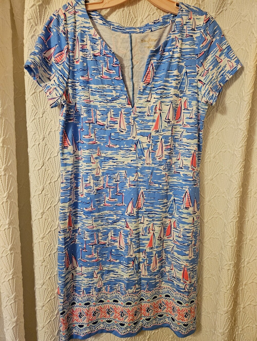 Lilly Pulitzer Blue Sailboat Print Midi Dress with Pink Accents